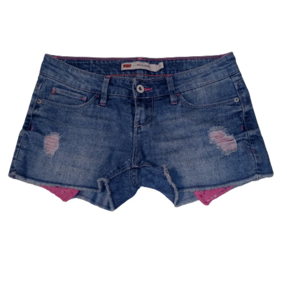 Levi’s Cut Off Blue Jean Shorts Pink Crocheted Pocket Detail Size 3 Frayed Hem